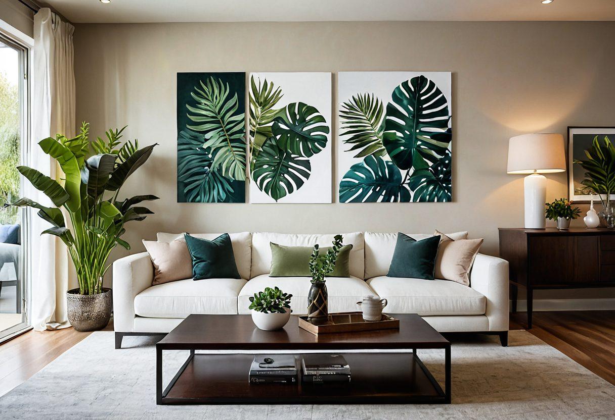 A modern living room showcasing stylish furnishings and elegant decor, featuring a sleek sofa, minimalist coffee table, and artistic wall art. Include lush indoor plants and soft, ambient lighting to create a cozy atmosphere. The color palette should combine neutral tones with vibrant accents. super-realistic. vibrant colors. soft focus.