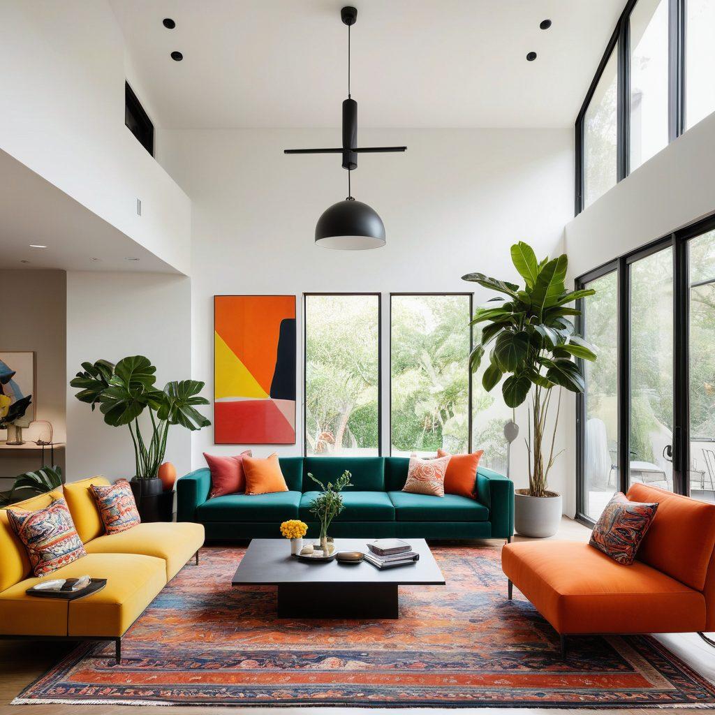 A stylish and contemporary living room featuring modern furnishings like a sleek sofa, geometric coffee table, and colorful accent chairs. The backdrop showcases large windows with natural light flooding in, adorned with houseplants and minimalistic decor. Include a bold piece of abstract art on the wall to add vibrancy. The scene should evoke a sense of elegance and comfort, inviting viewers to envision their own living space transformation. super-realistic. vibrant colors. clean lines.