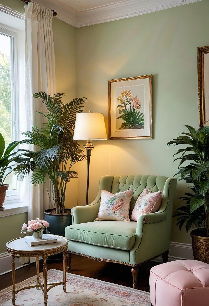 A beautifully styled living room, showcasing elegant decor with soft pastel colors, ornate furniture, and art pieces that communicate sophistication. An inviting atmosphere with plants and elegant lighting highlighting the details. Include a cozy nook with a plush armchair and an open book, reflecting a sense of tranquility and style. super-realistic. vibrant colors. elegant aesthetic.